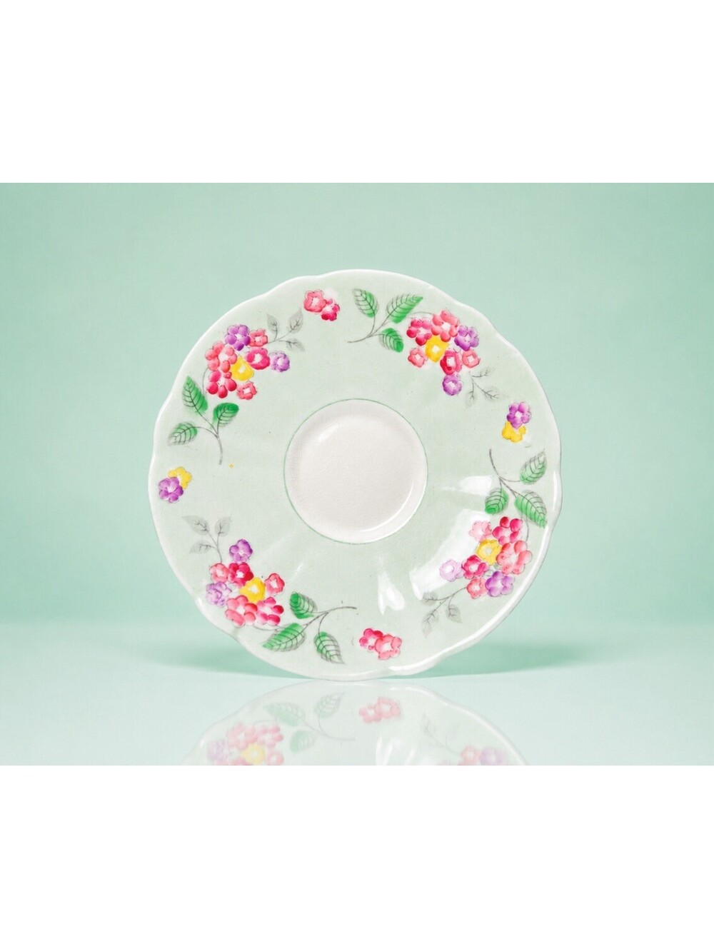 Foley England 1950s Floral Orphan Saucer Pastel Green Bone China, 5.5” FREE SHIP